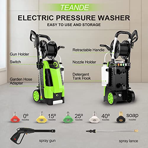 TEANDE Pressure Washer Electric High Pressure Washer Professional Car  Washer Cleaner Machine with Hose Reel ,5 Nozzles for Patio Garden Yard  Vehicle